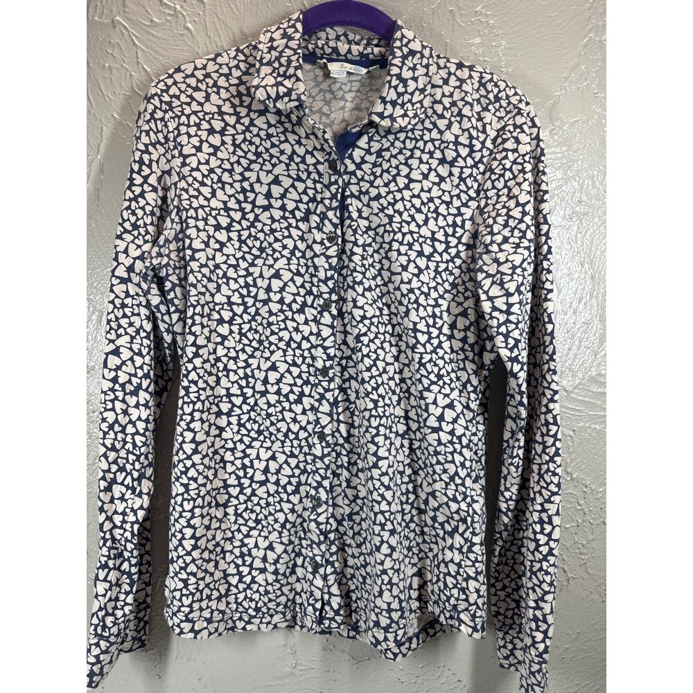 Boden Button Up Stretch Collared Pebble‎ Heart Shirt Blue White Womens Size 4